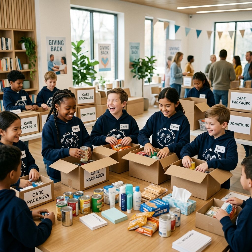 Kids packaging care boxes together